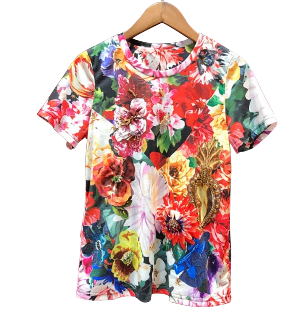 Floral T-shirt with hand sewn rhinestones - coleculture