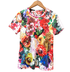 Floral T-shirt with hand sewn rhinestones - coleculture