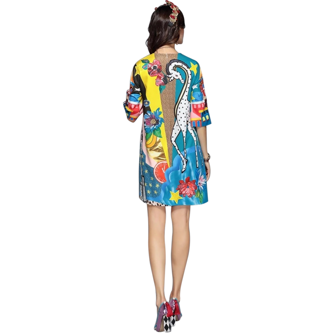 Three Quarter Sleeve Digital Printed Mini Dress - coleculture