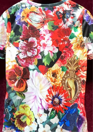 Floral T-shirt with hand sewn rhinestones